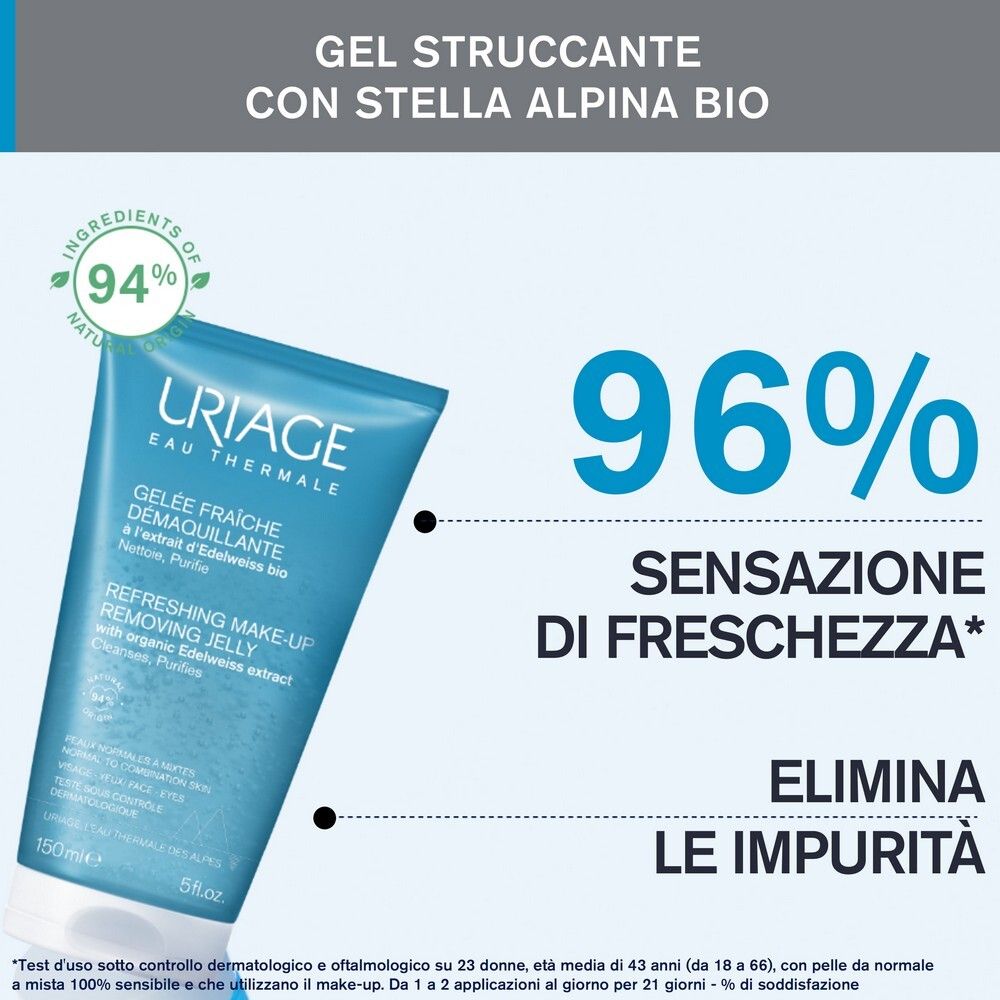 Immagine del prodotto con testo: Gel Struccante con Stella Alpina Bio. 96% sensazione di freschezza. Elimina le impurità. 150ml.