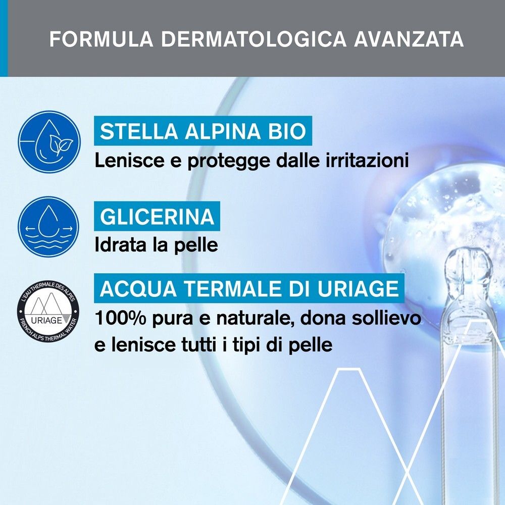 Grafico con ingredienti: Stella Alpina Bio, Glicerina, Acqua Termale di Uriage. 100% pura e naturale.