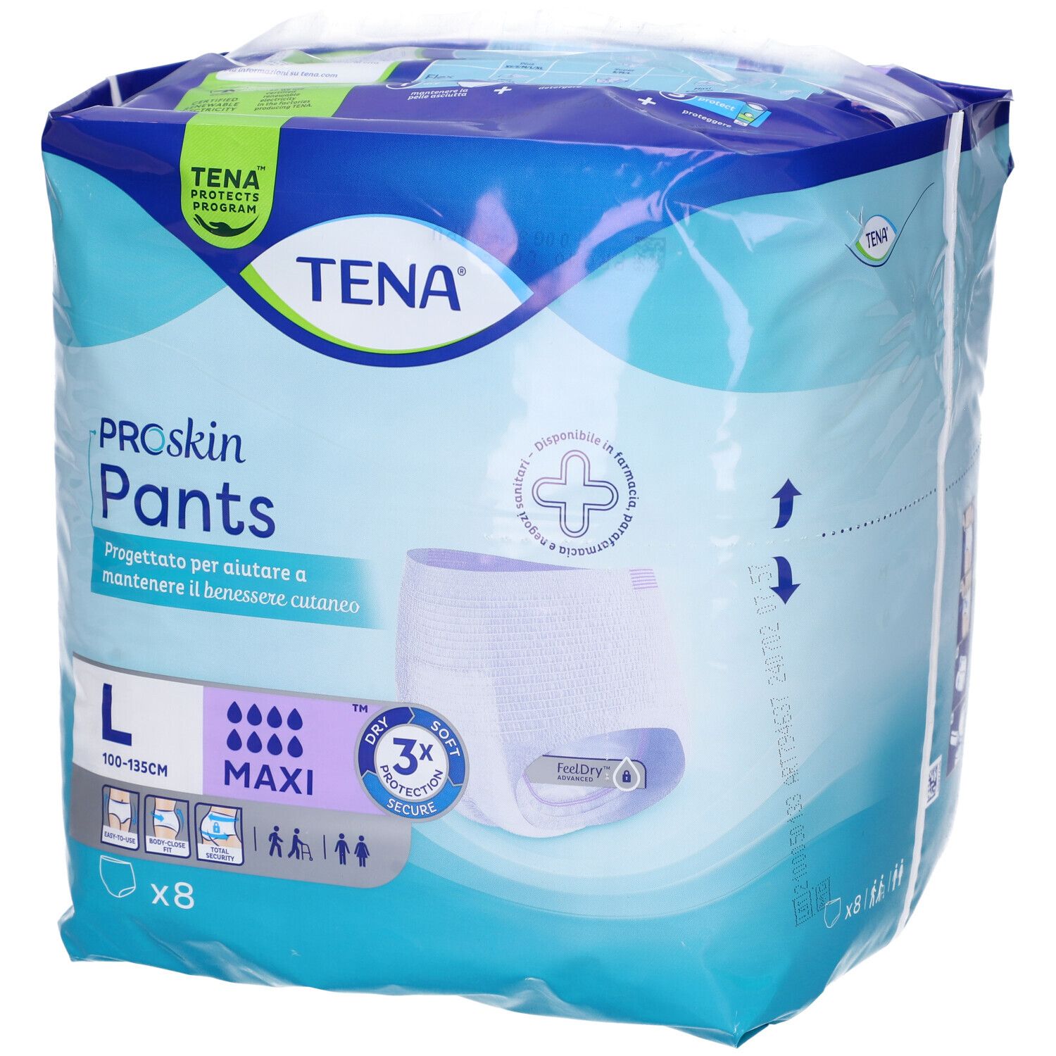 TENA Proskin Pants, Maxi, taglia L, in confezione di plastica. Immagine del prodotto e informazioni sulla confezione.