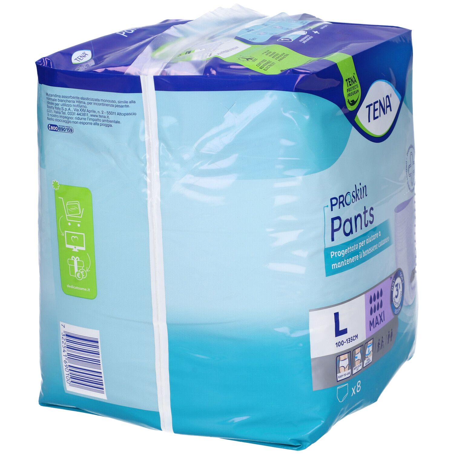 TENA Proskin Pants, Maxi, taglia L, in confezione di plastica. Retro della confezione con informazioni.