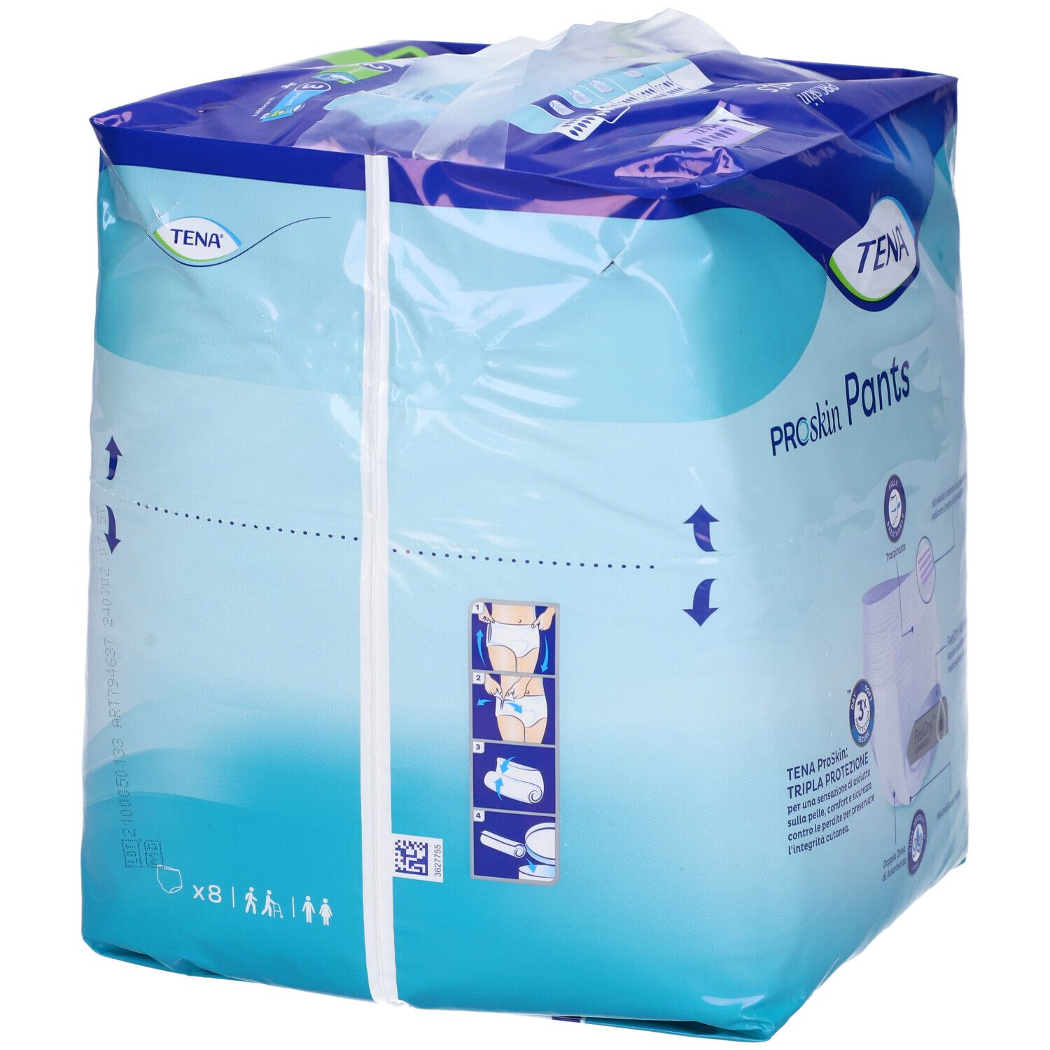 TENA Proskin Pants, Maxi, taglia L, in confezione di plastica. Retro con informazioni e illustrazioni.