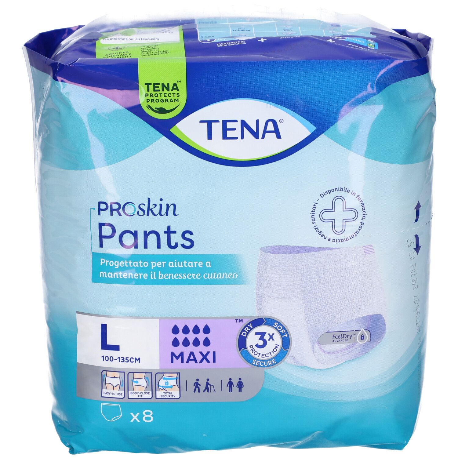 TENA Proskin Pants, Maxi, taglia L, in confezione di plastica. Confezione con immagine e informazioni.