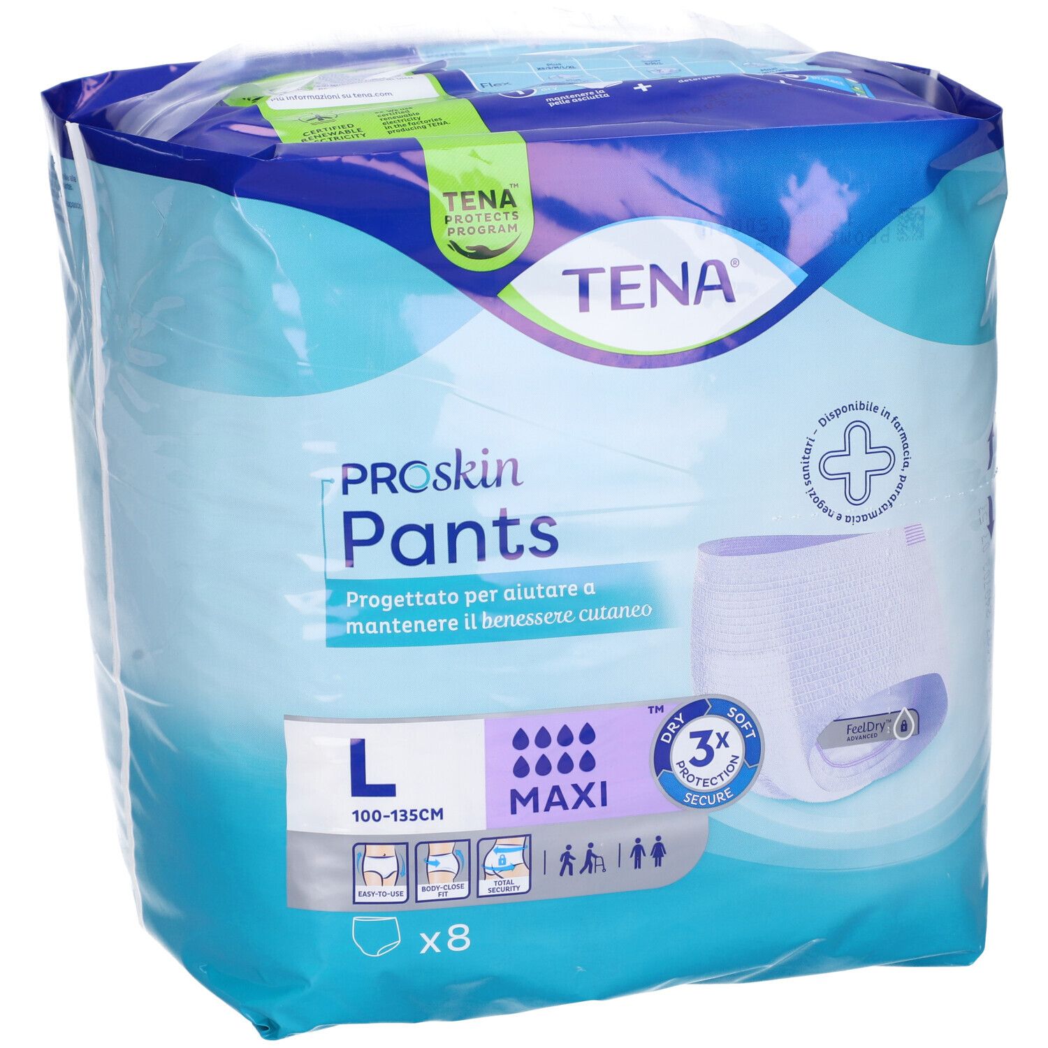 TENA Proskin Pants, Maxi, taglia L, in confezione di plastica. Confezione con immagine e informazioni.