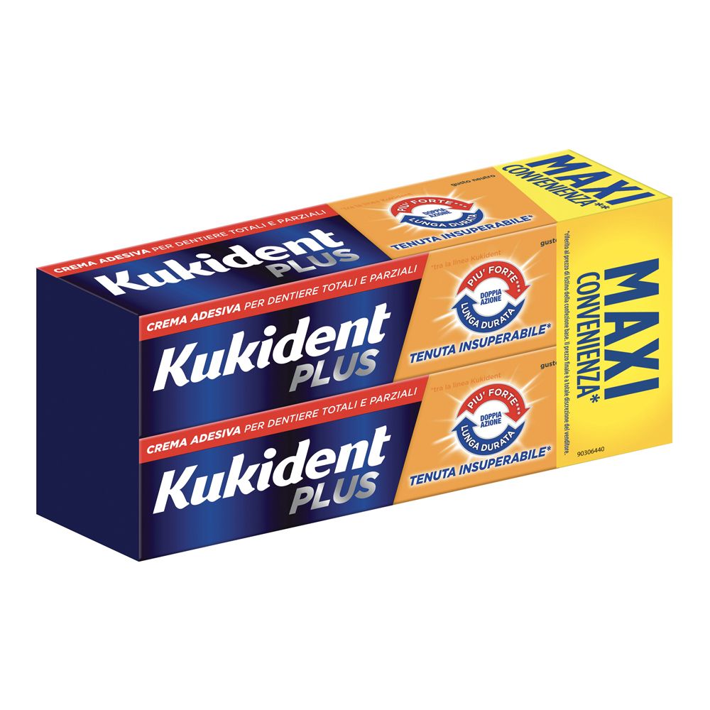 Kukident Plus Doppia Azione Tenuta Insuperabile Crema Adesiva Dentiere 2X65 G