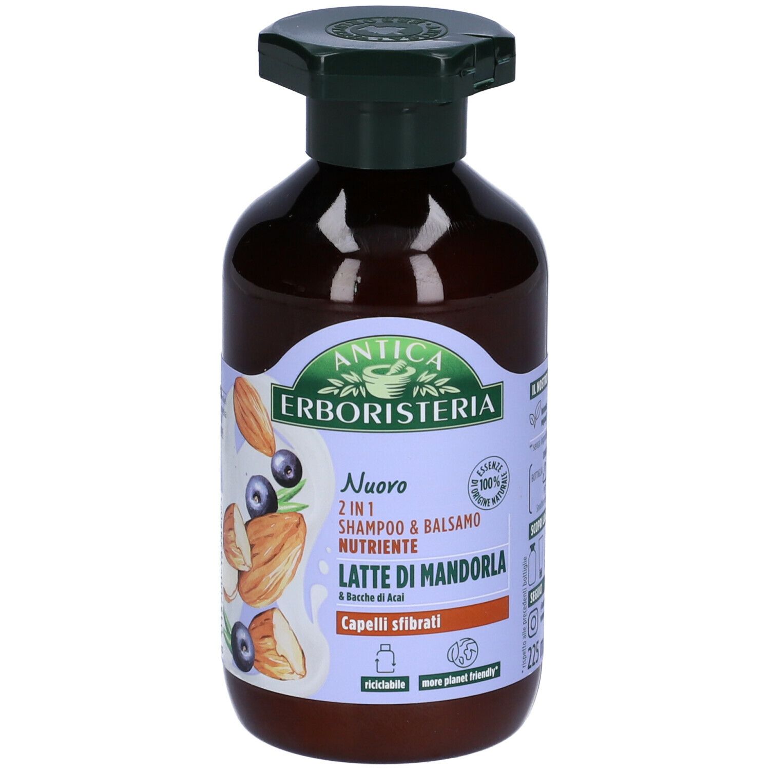 Flacone marrone con erogatore verde. Etichetta con nome del prodotto e illustrazioni di mandorle e bacche.