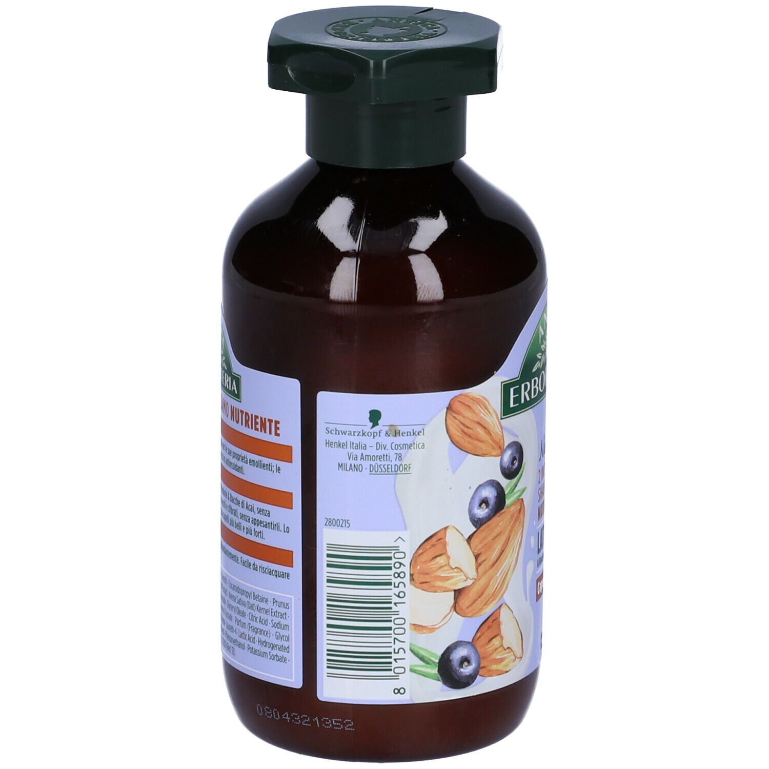 Retro del flacone marrone con erogatore verde. Etichetta con testo e codice a barre.
