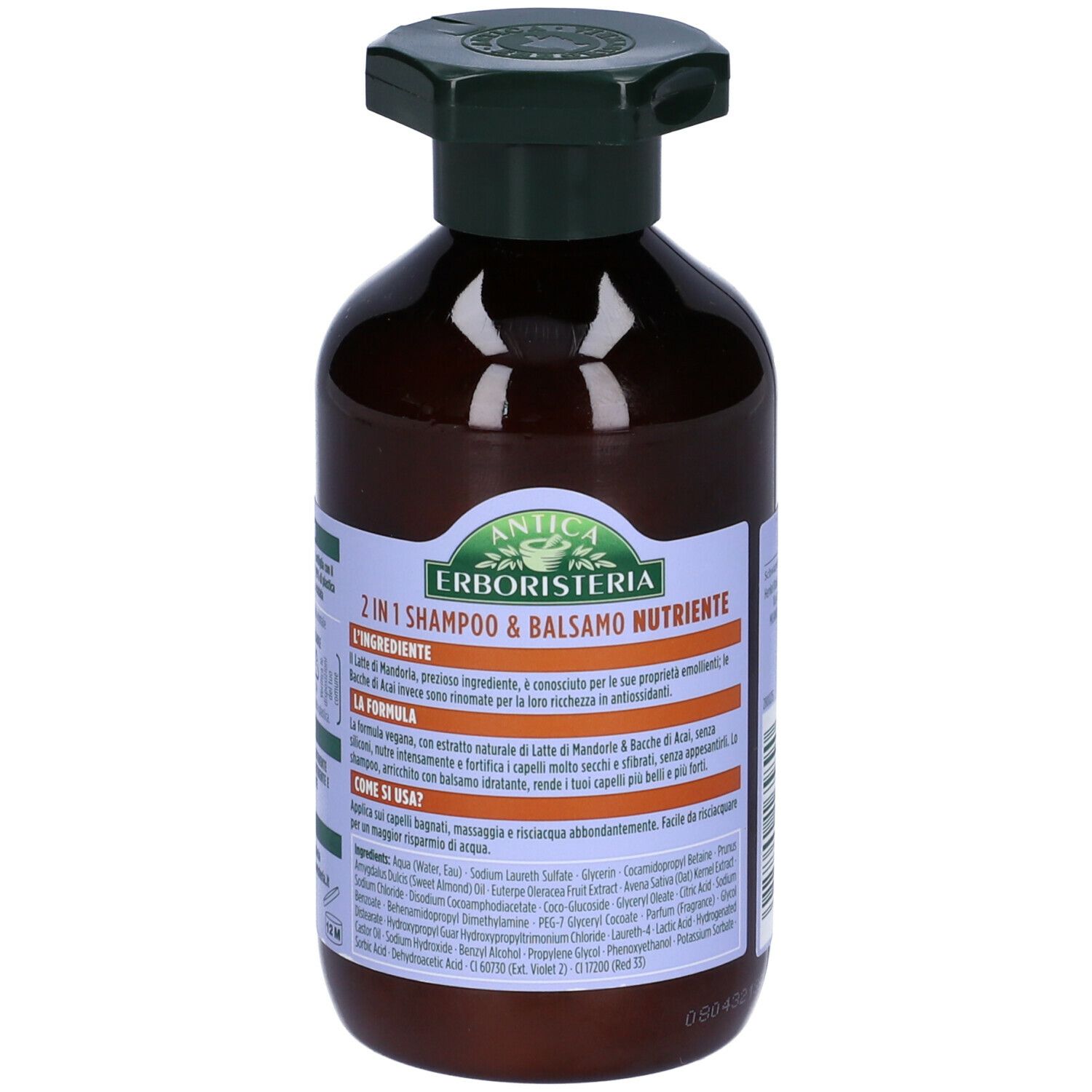 Flacone marrone con erogatore verde. Etichetta con informazioni sul prodotto e ingredienti.