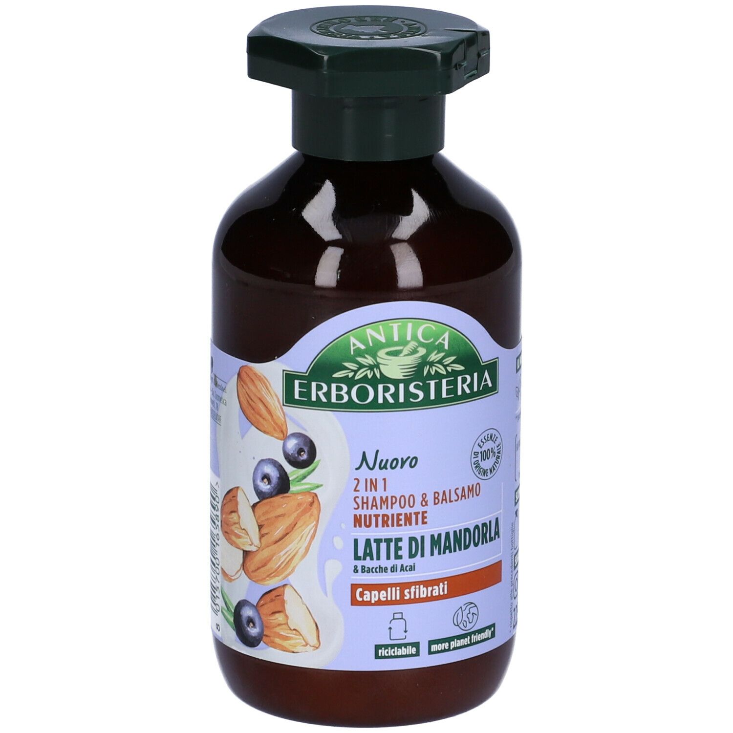 Flacone marrone con erogatore verde. Etichetta con nome del prodotto, mandorle e bacche.