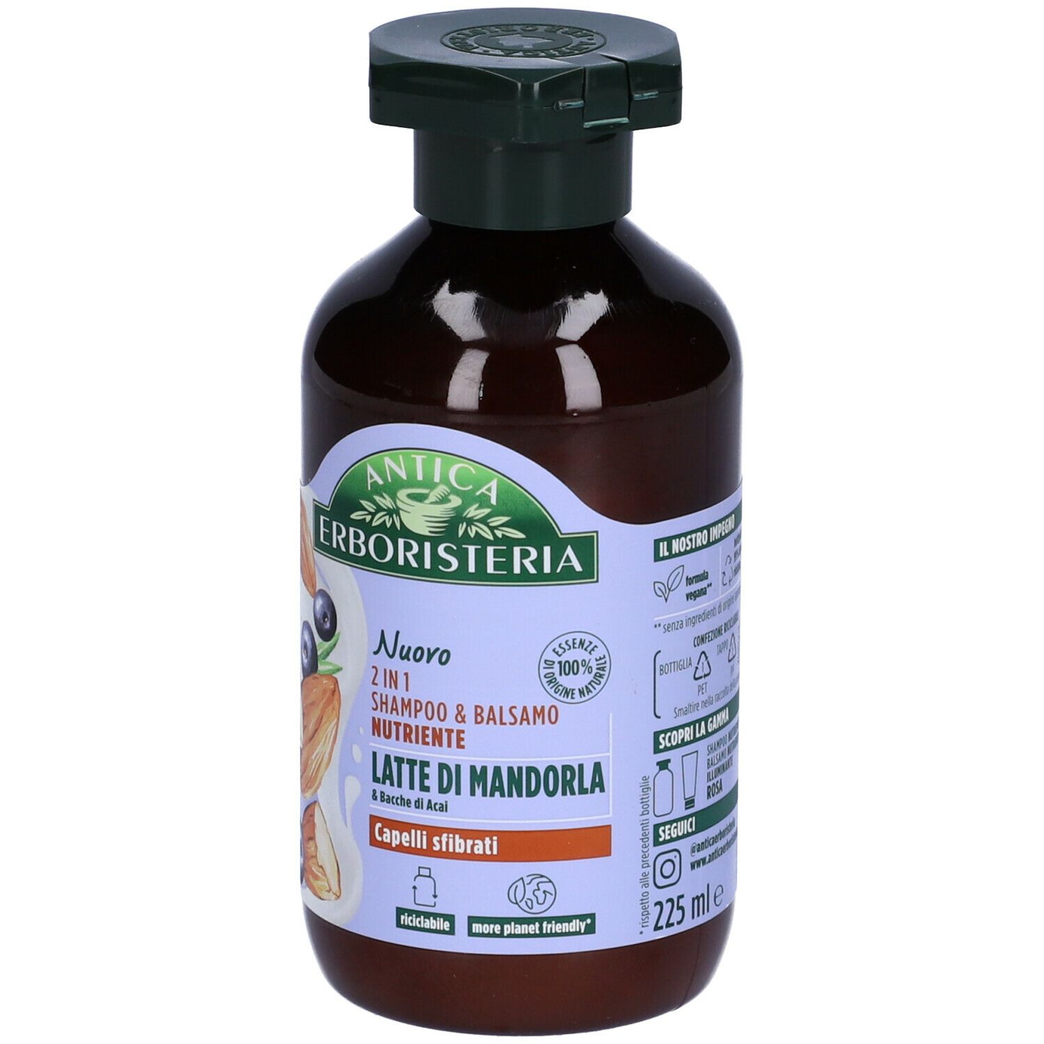 Flacone marrone con erogatore verde. Etichetta con nome prodotto, mandorle, bacche e volume 225 ml.