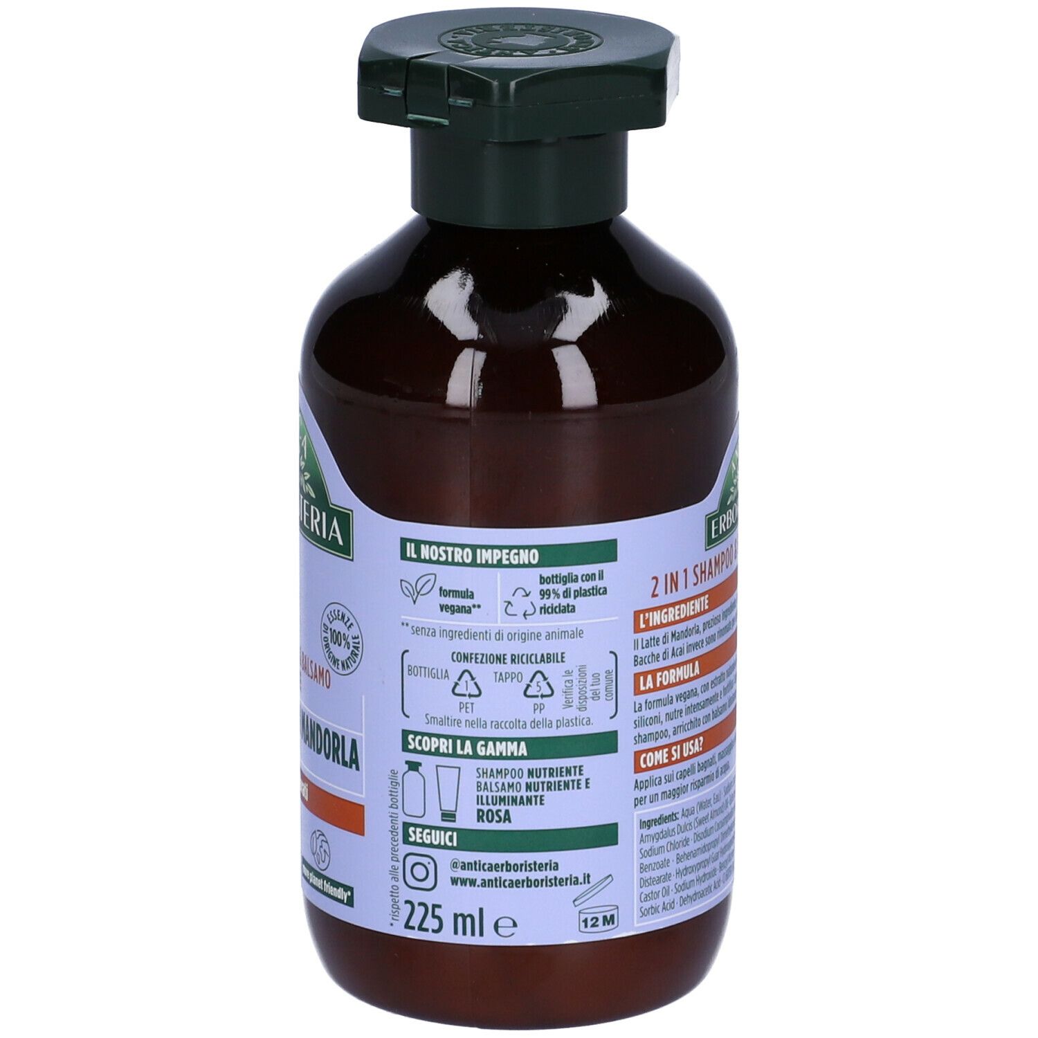 Retro del flacone marrone con erogatore verde. Etichetta con testo, volume 225 ml e logo.