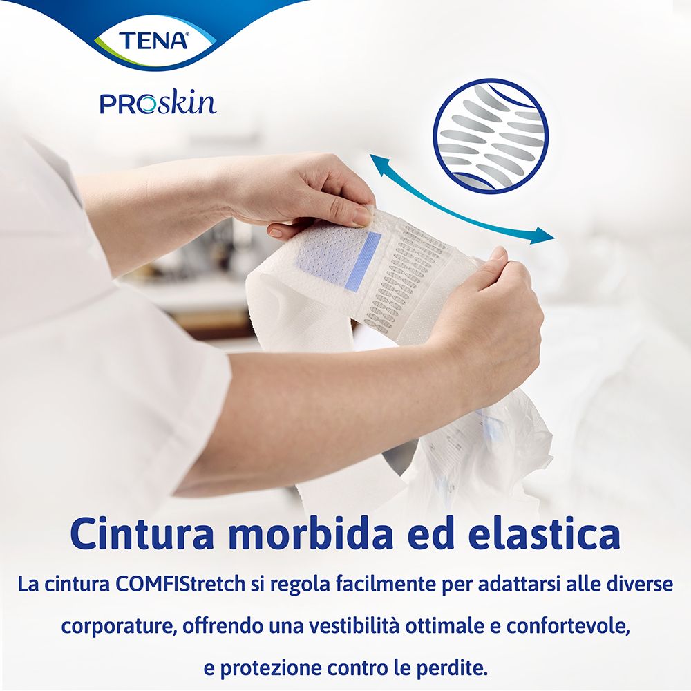 Primo piano di TENA ProSkin Flex. Mostra il prodotto con testo sulla cintura elastica. Tonalità blu e bianche.