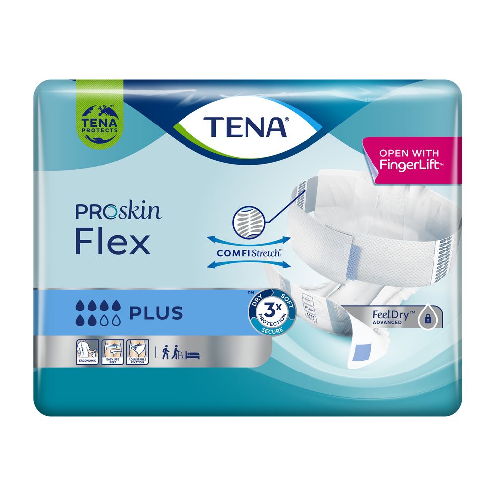 Confezione TENA Proskin Flex Plus. Design turchese e bianco con nome e loghi del prodotto. Prodotto parzialmente aperto visibile.