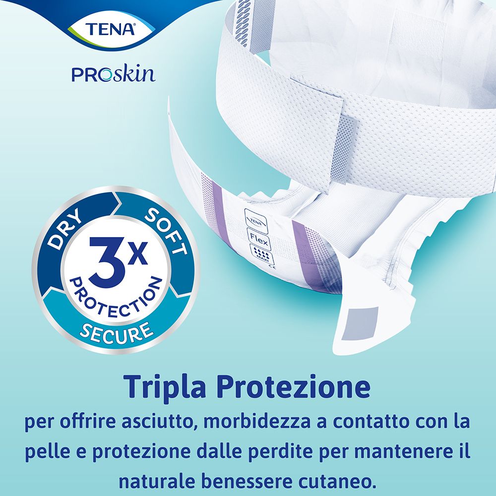 Primo piano di TENA Flex. Tripla protezione per asciutto, morbidezza e protezione dalle perdite. Testo in italiano.