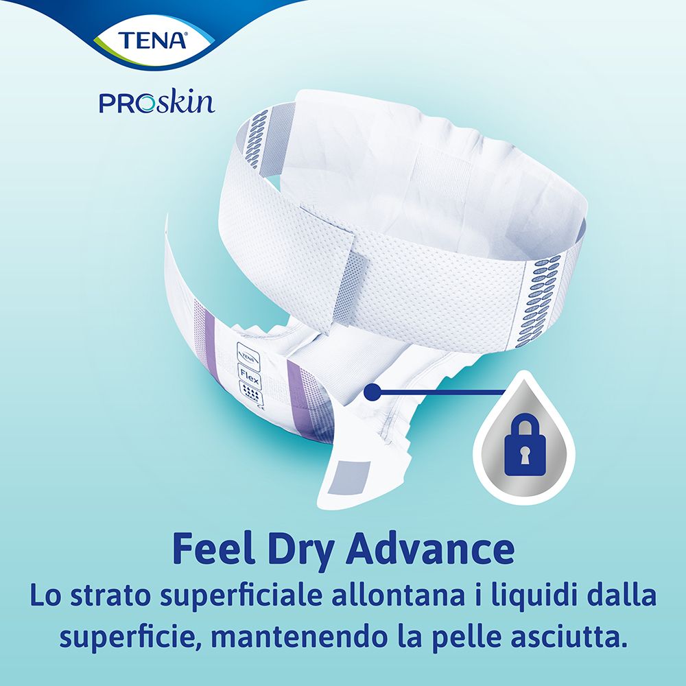 Primo piano di TENA ProSkin Flex. Mostra il prodotto con il logo Feel Dry Advance. Testo: Feel Dry Advance.
