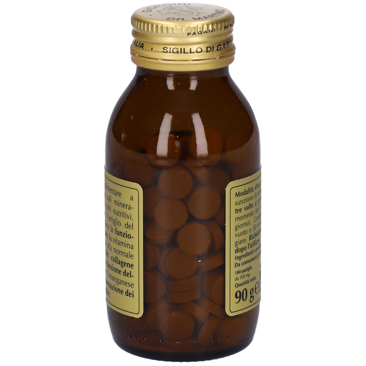 Flacone di vetro marrone con tappo dorato, pieno di compresse. Etichetta con informazioni sul prodotto. 90g.