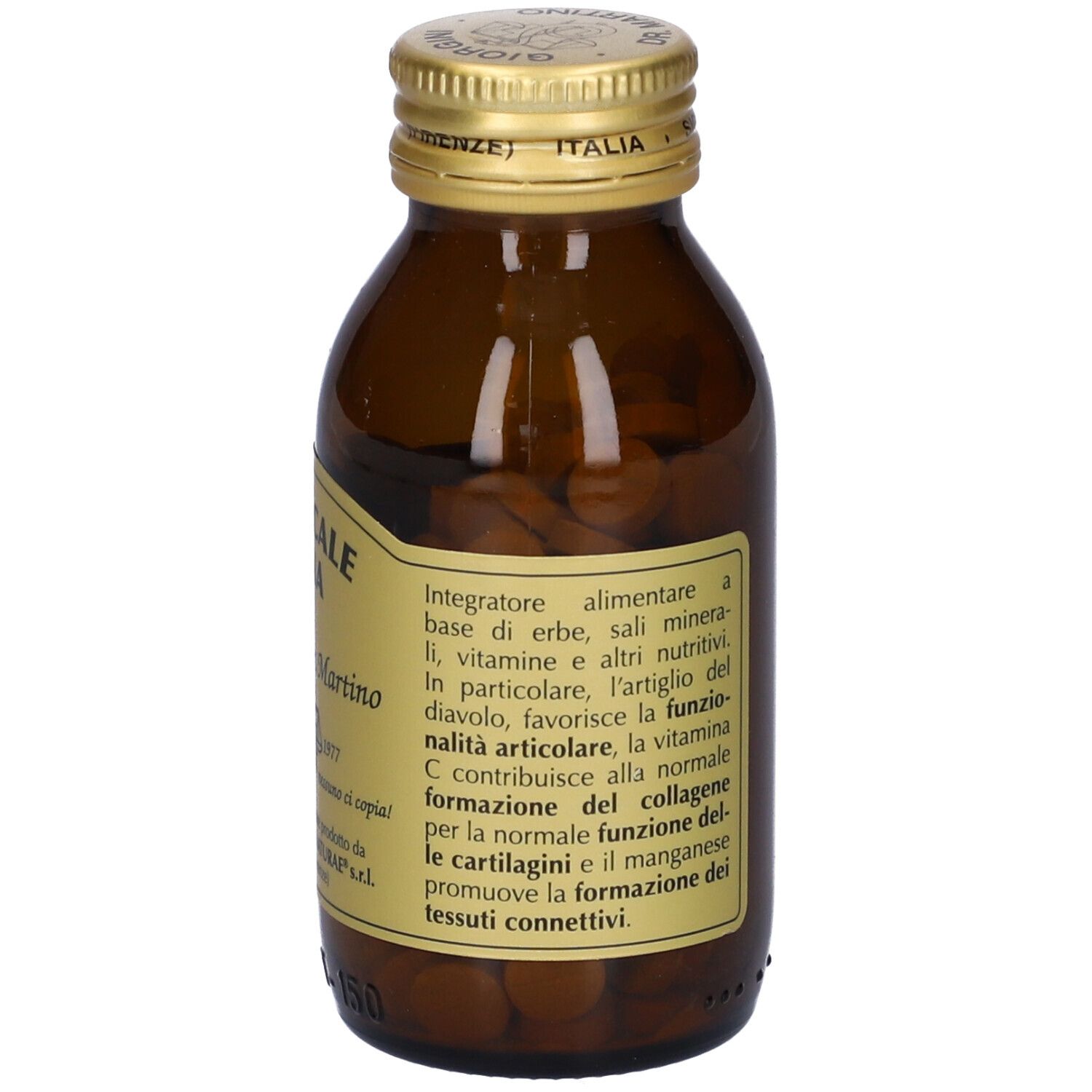 Flacone di vetro marrone con tappo dorato. Etichetta con informazioni sul prodotto e ingredienti. Compresse visibili.