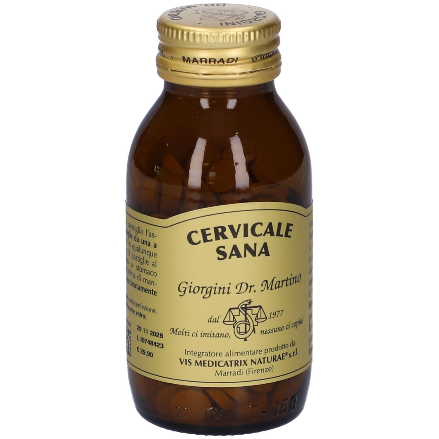 Flacone di vetro marrone con tappo dorato. Etichetta con nome del prodotto e logo. Compresse visibili.