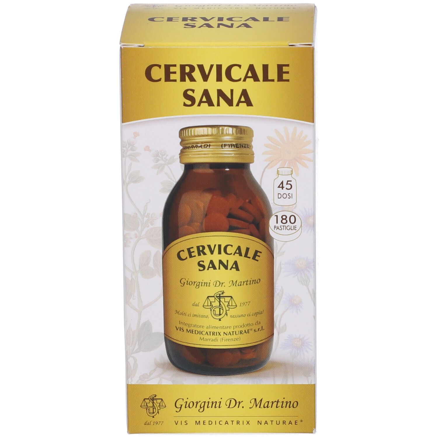 Confezione del prodotto, scatola con nome del prodotto e logo. Contiene 180 compresse. Design dorato e bianco.