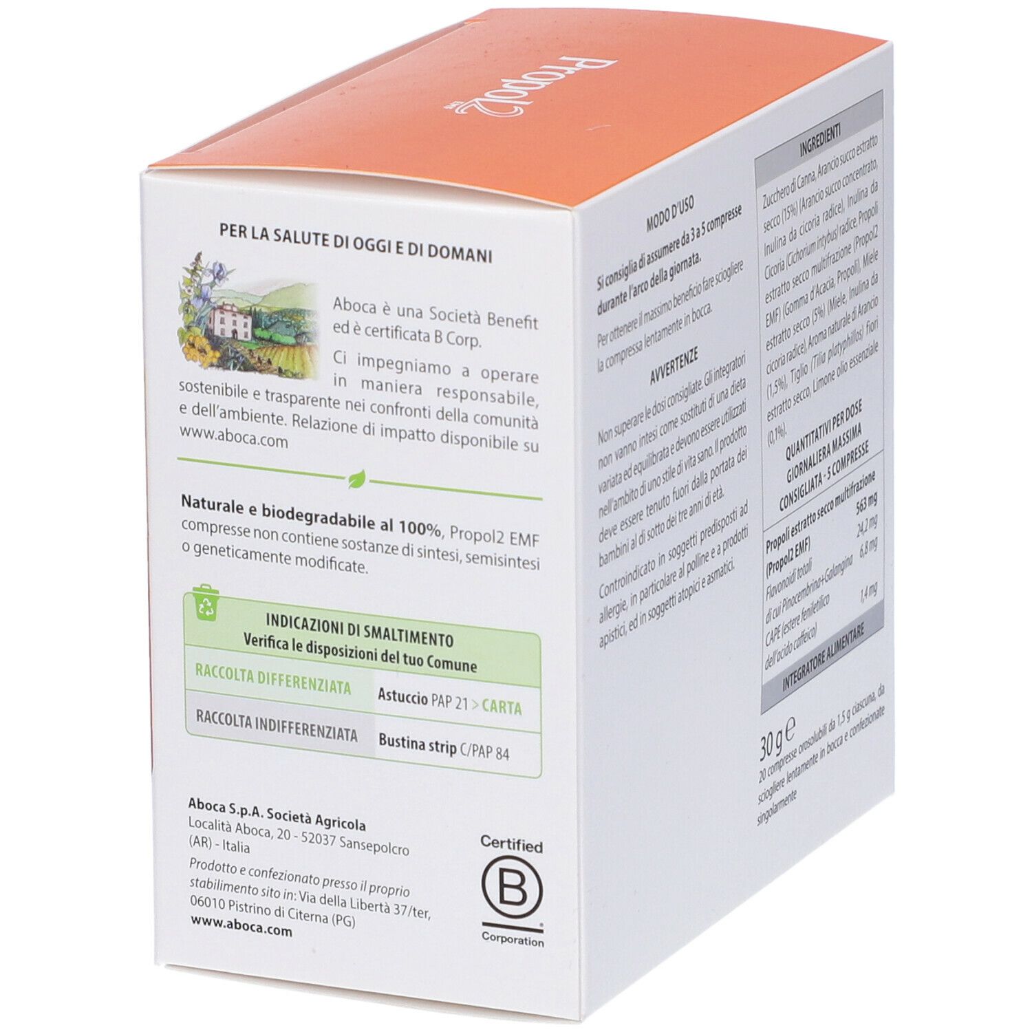 Confezione di Propol2 EMF. Scritta: "Gusto Agrumi e Miele". Logo Aboca. 20 compresse. Formula 100% naturale e biodegradabile.