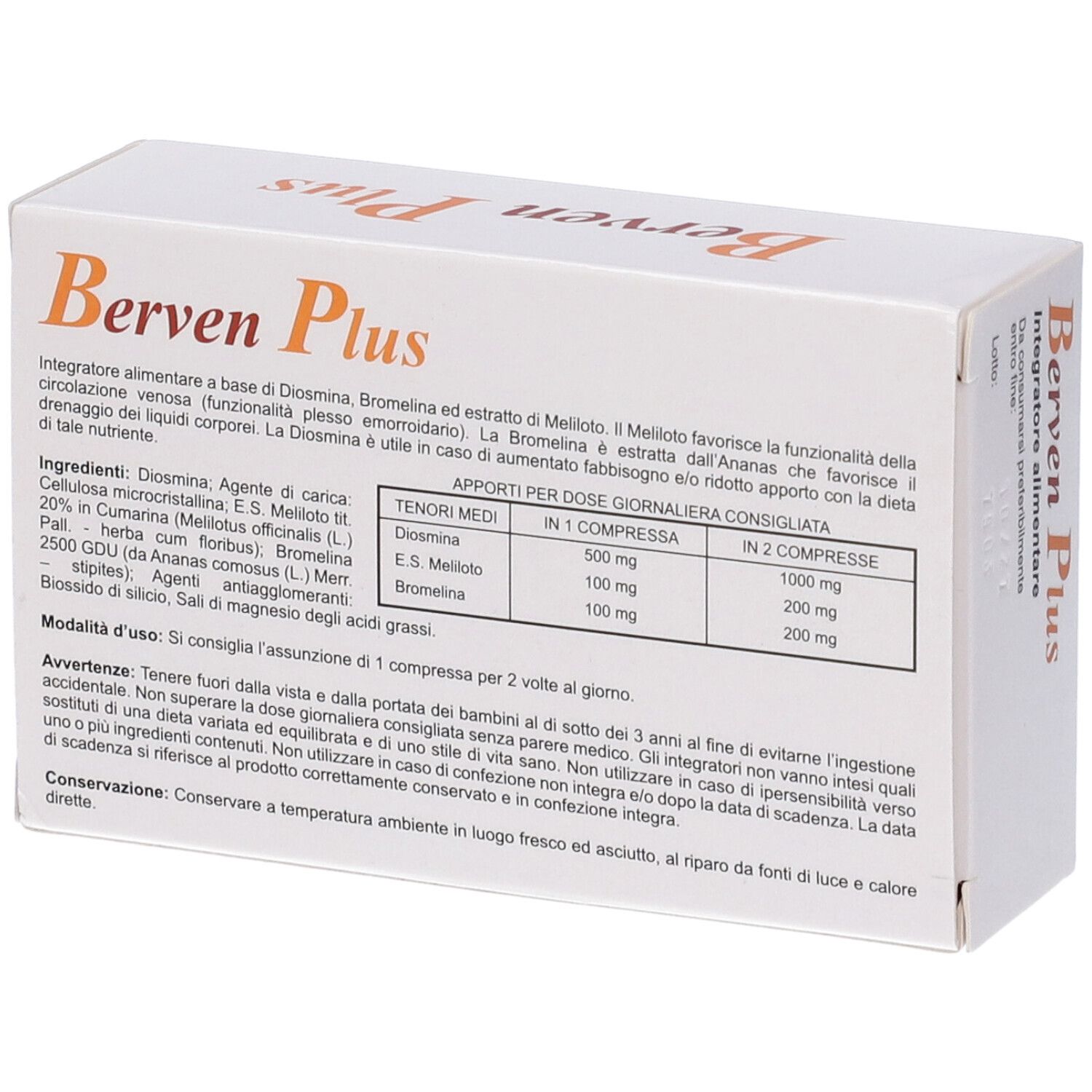 Scatola "Berven Plus". Ingredienti e dosaggio. Testo in italiano. Contiene 30 compresse.