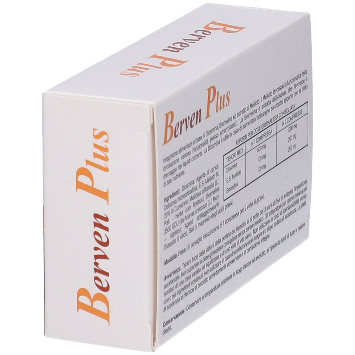 Scatola "Berven Plus". Ingredienti e dosaggio. Testo in italiano. Contiene 30 compresse.