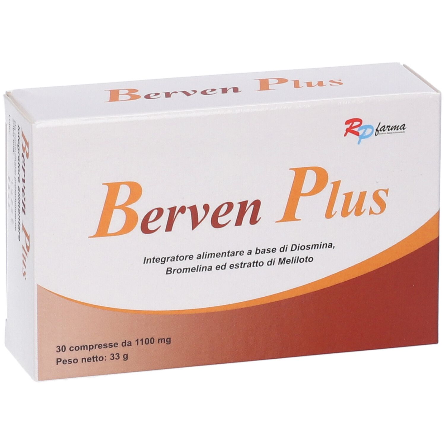 Scatola "Berven Plus". Contiene 30 compresse. Scritta arancione su sfondo bianco. Logo "Rp farma".