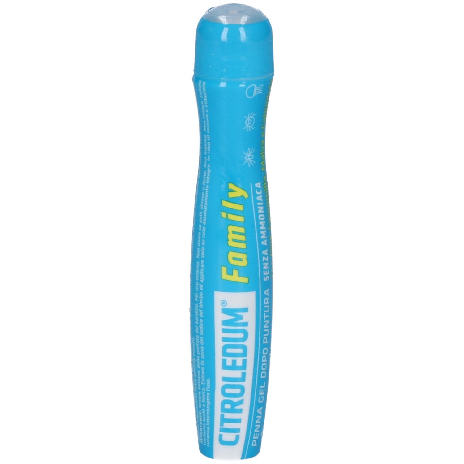 Gel in penna blu con applicatore a sfera. Contiene testo in italiano.