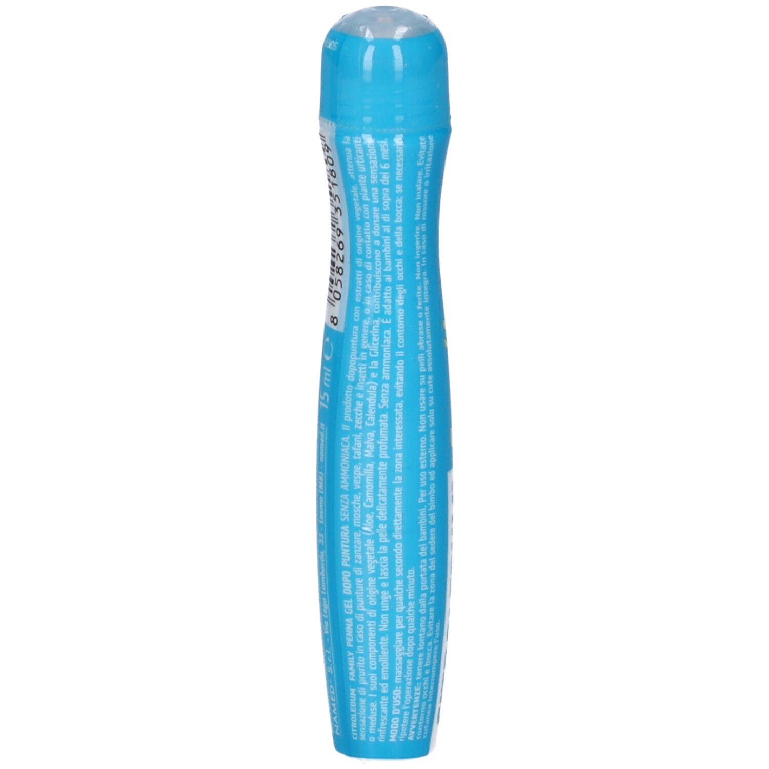Gel in penna blu con applicatore a sfera. Contiene testo in italiano.