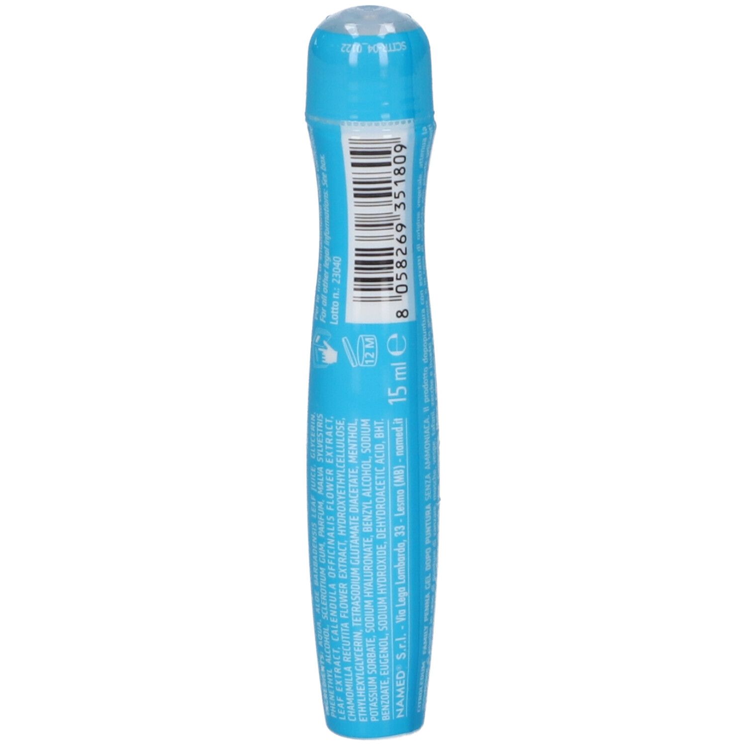 Gel in penna blu con applicatore a sfera. Contiene testo in italiano.