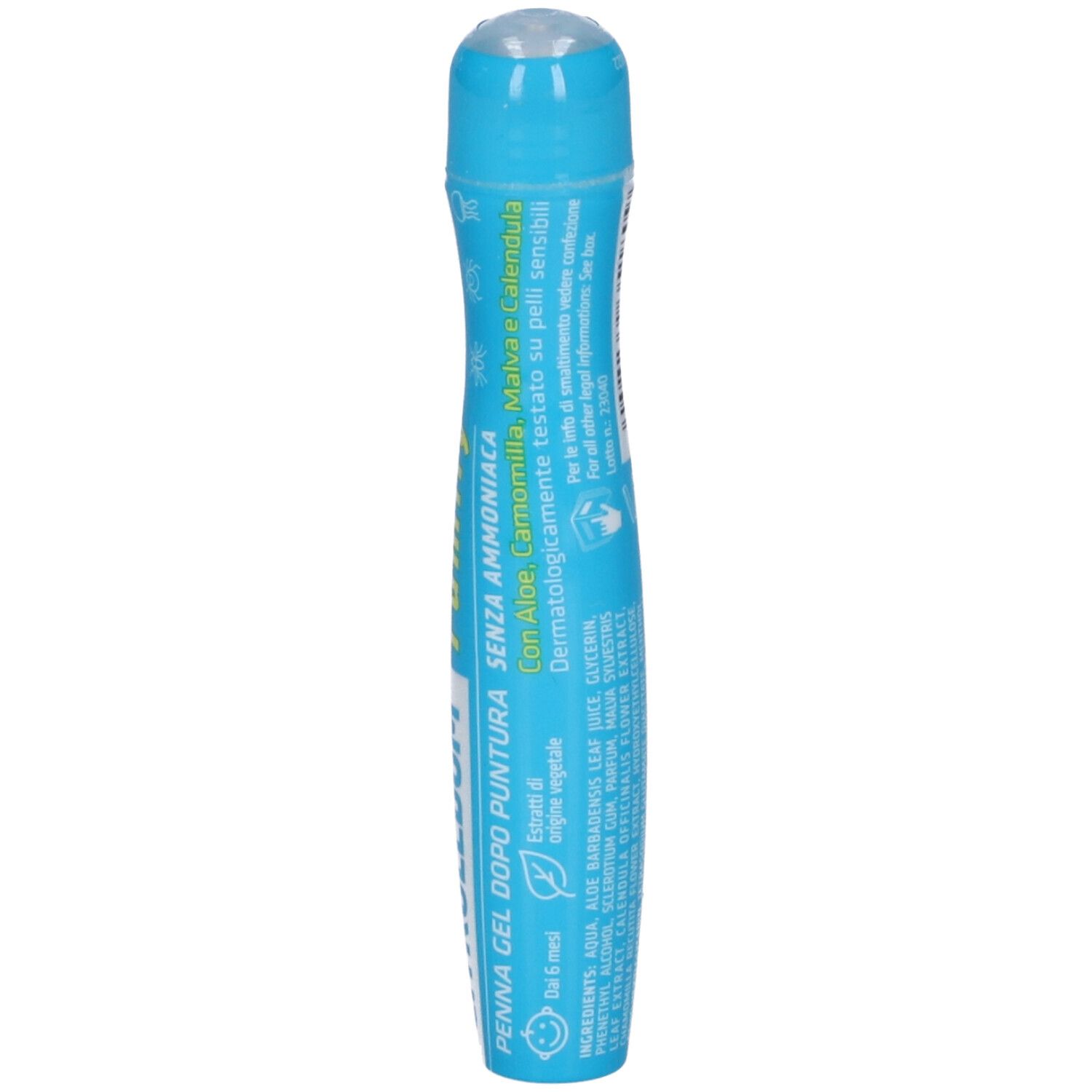 Gel in penna blu con applicatore a sfera. Contiene testo in italiano.