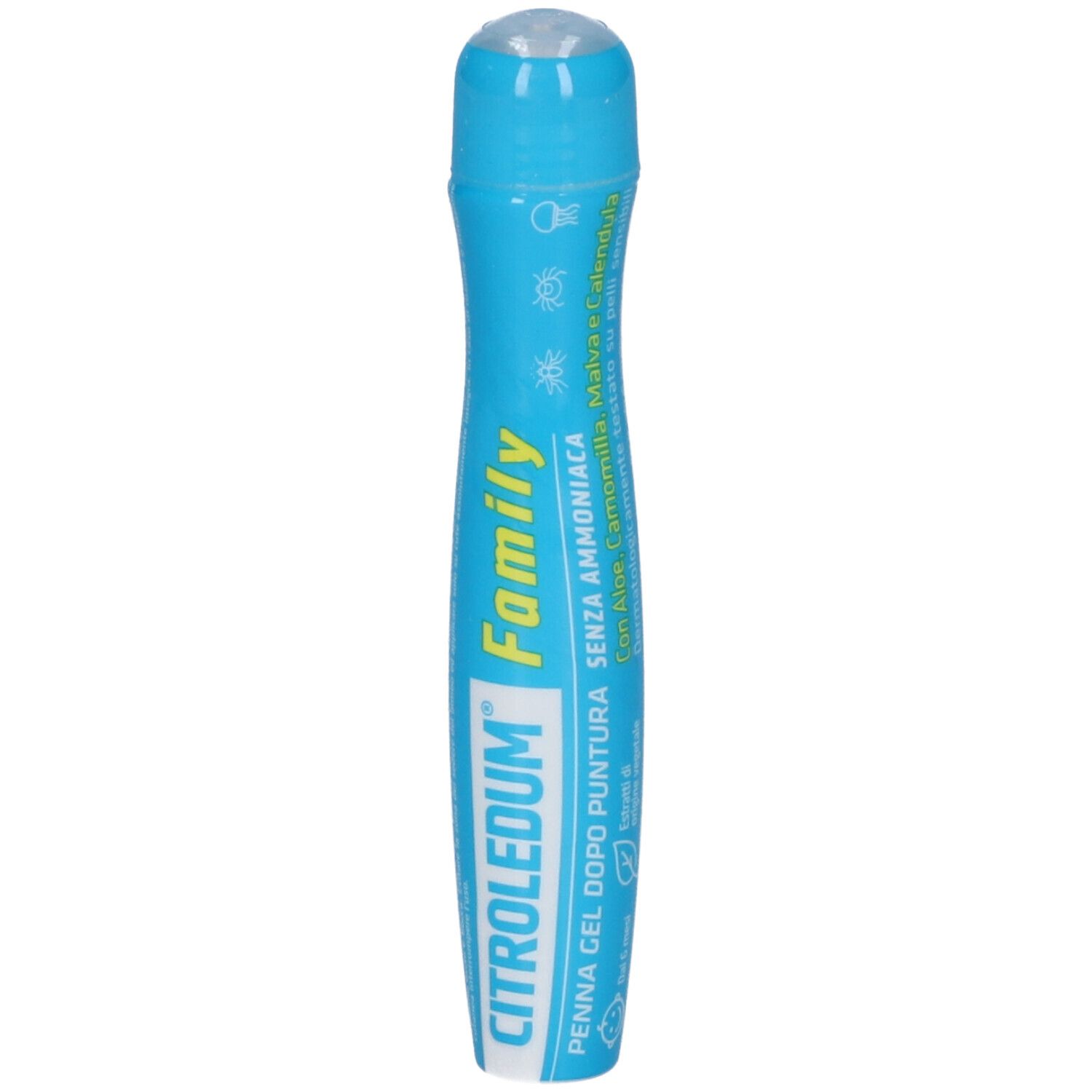 Gel in penna blu con applicatore a sfera. Contiene testo in italiano.