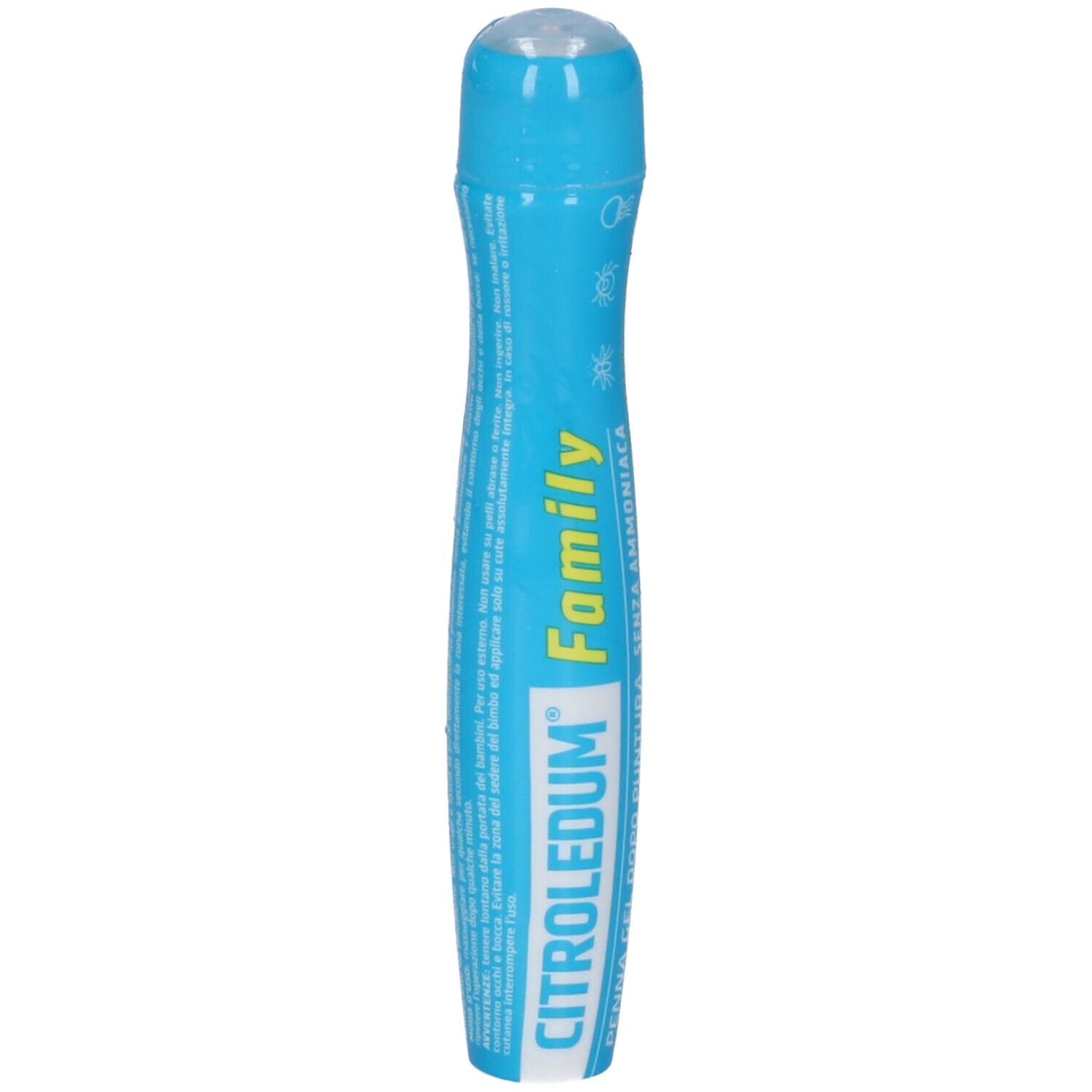 Gel in penna blu con applicatore a sfera. Contiene testo in italiano.