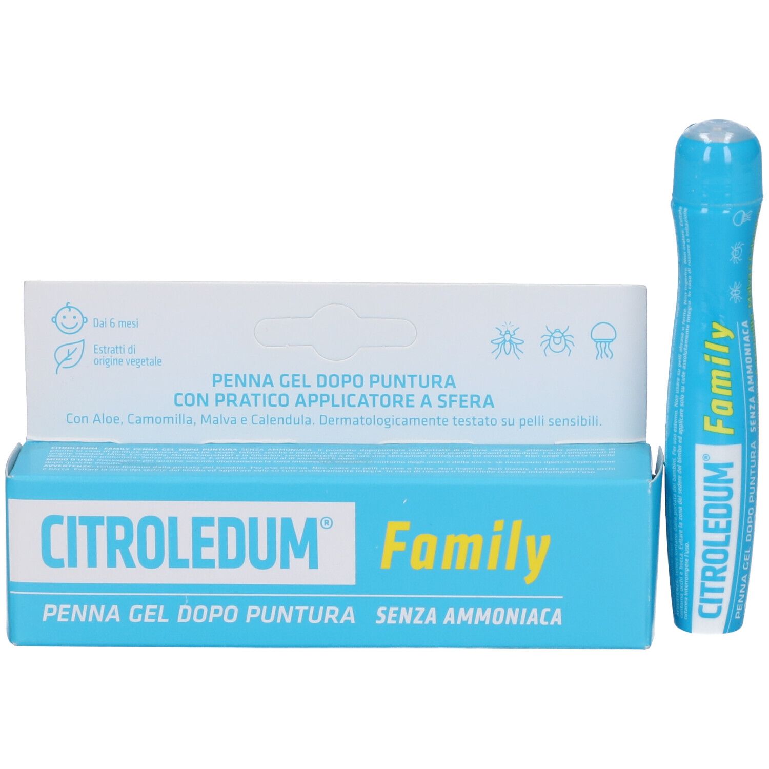 Confezione del prodotto e gel in penna. Contiene testo in italiano.