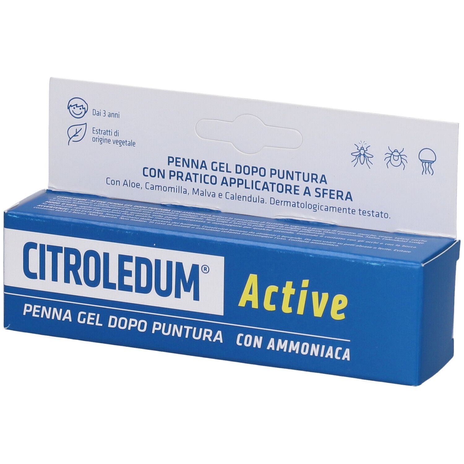 Scatola blu e bianca con nome prodotto CITROLEDUM Active. Testo: Penna Gel Dopo Puntura Con Ammoniaca. Con applicatore pratico.