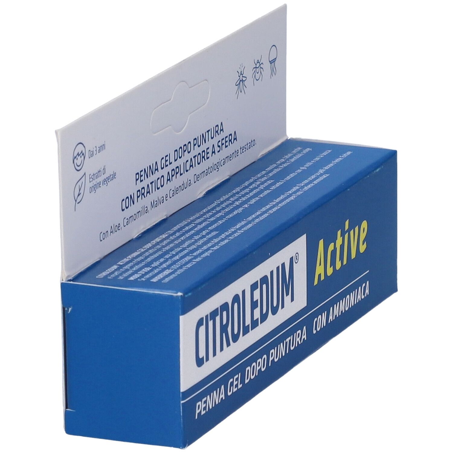 Scatola blu e bianca con nome prodotto CITROLEDUM Active. Testo: Penna Gel Dopo Puntura Con Ammoniaca. Con applicatore pratico.