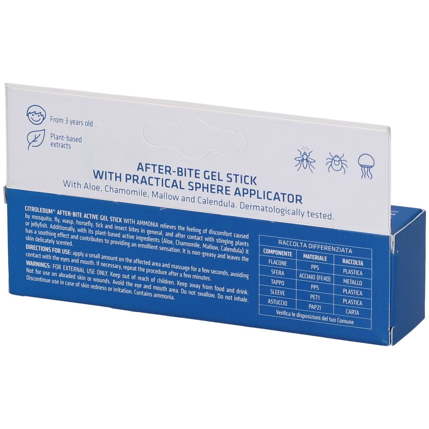 Scatola blu e bianca con nome prodotto CITROLEDUM Active. Testo: Penna Gel Dopo Puntura Con Ammoniaca. Con applicatore pratico.