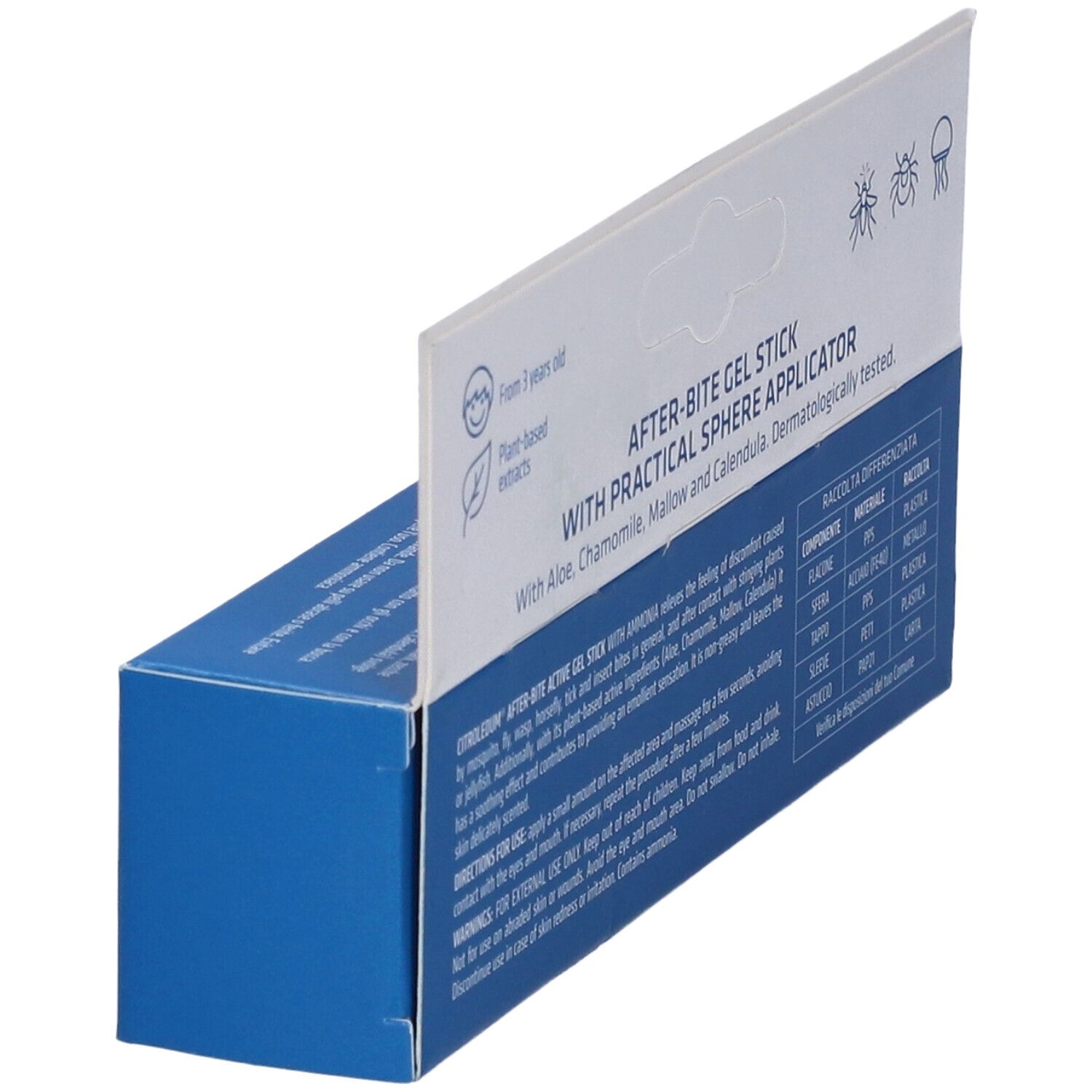 Scatola blu e bianca con nome prodotto CITROLEDUM Active. Testo: Penna Gel Dopo Puntura Con Ammoniaca. Con applicatore pratico.
