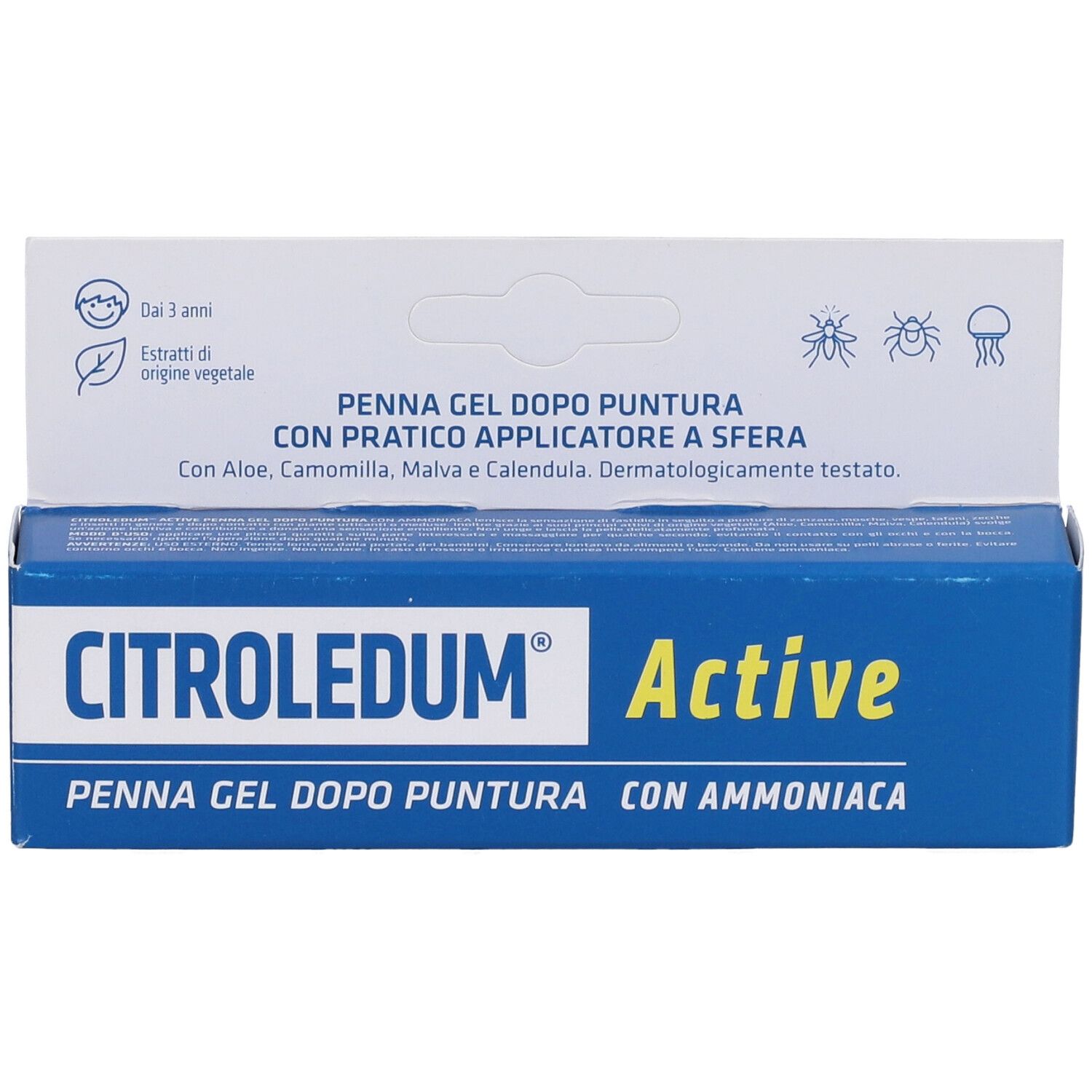 Scatola blu e bianca con nome prodotto CITROLEDUM Active. Testo: Penna Gel Dopo Puntura Con Ammoniaca. Con applicatore pratico.