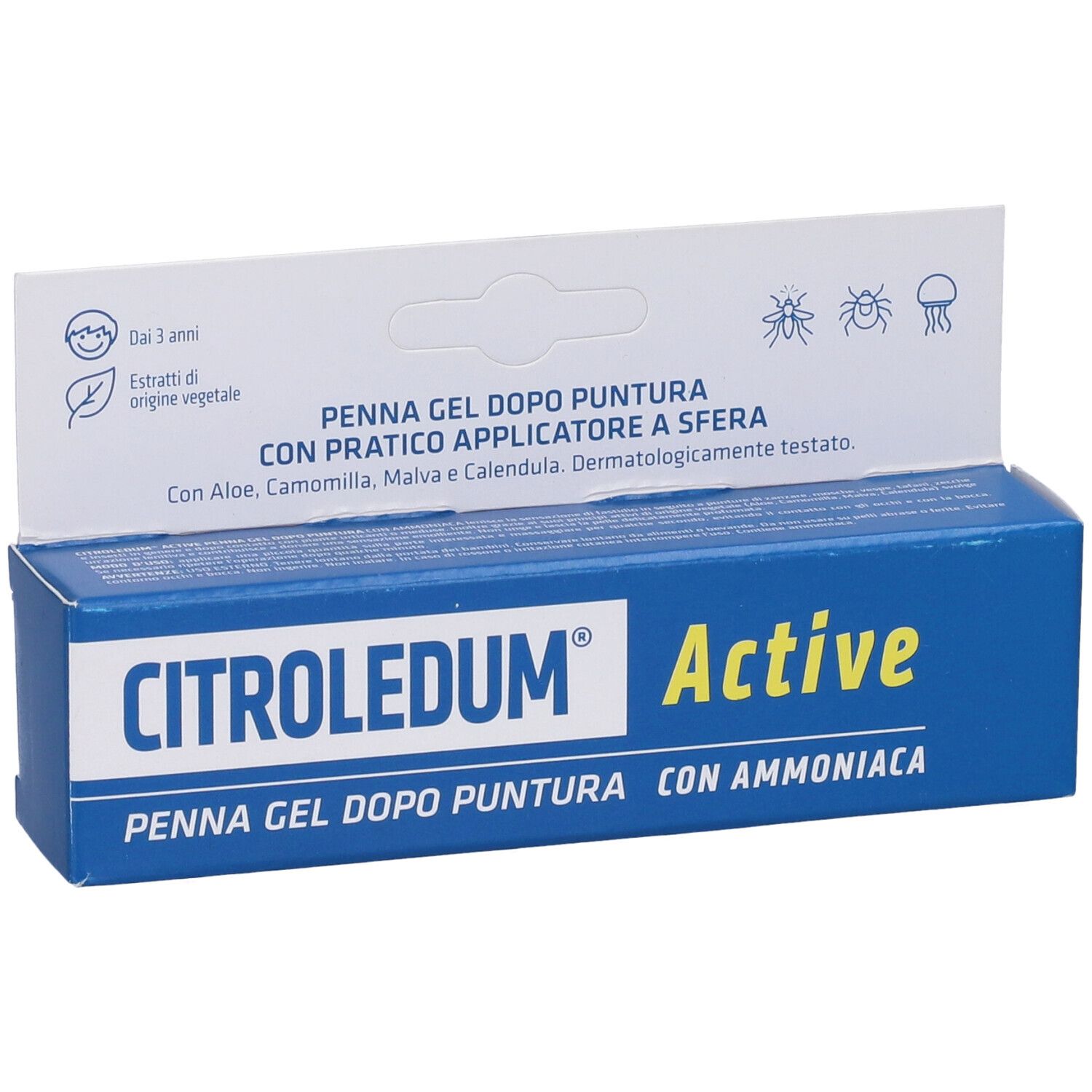 Scatola blu e bianca con nome prodotto CITROLEDUM Active. Testo: Penna Gel Dopo Puntura Con Ammoniaca. Con applicatore pratico.
