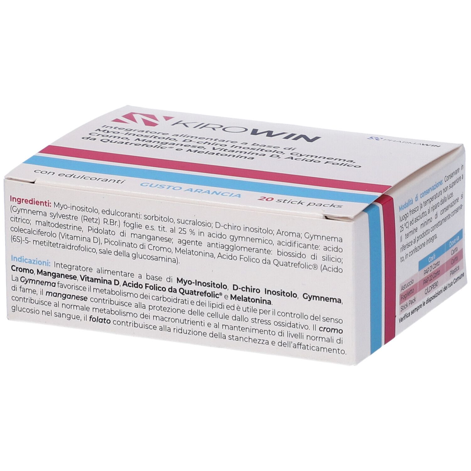 Confezione Kirowin 20 Stick Pack. Bianca, rosa e blu. Ingredienti e informazioni nutrizionali. 20 bustine.