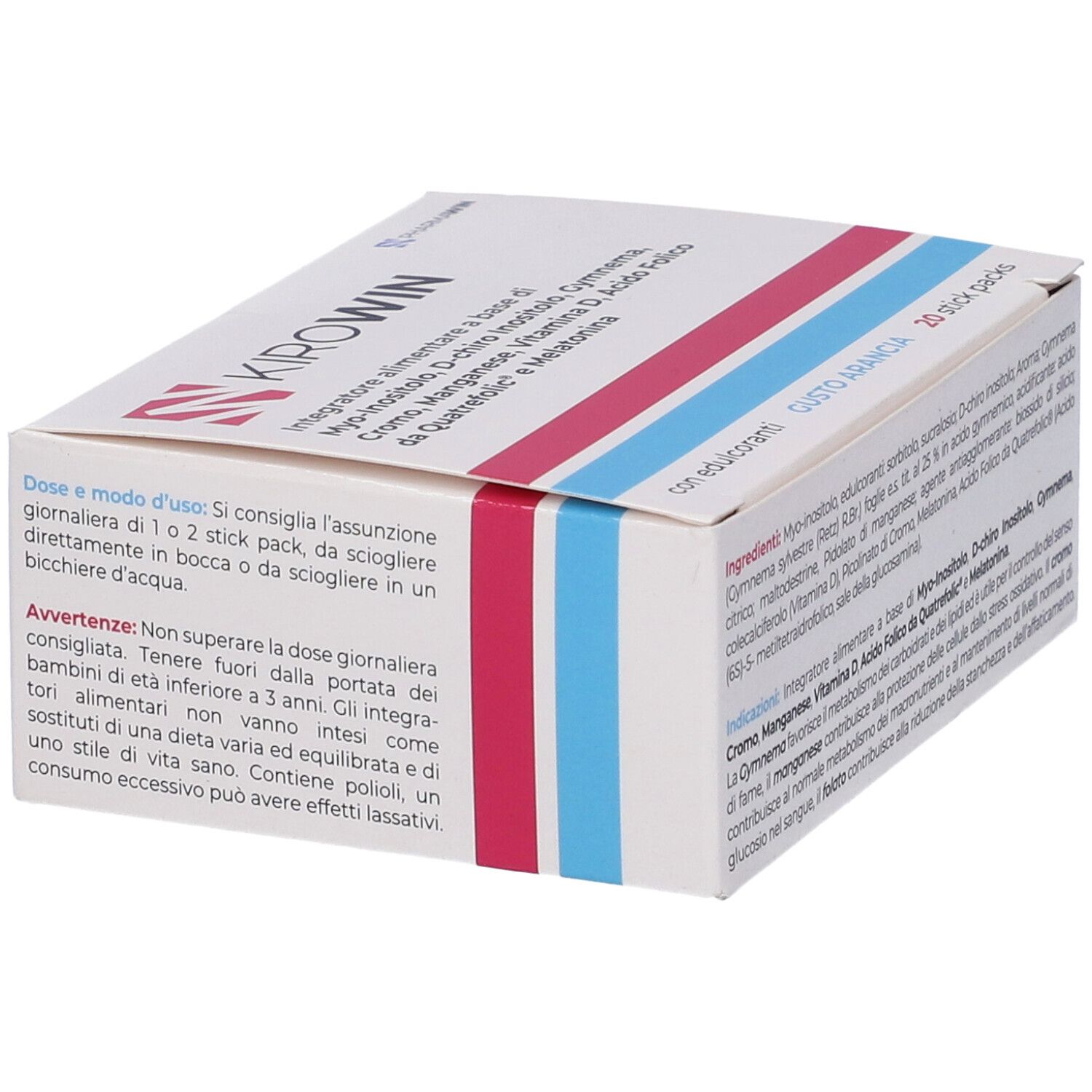 Confezione Kirowin 20 Stick Pack. Bianca, rosa e blu. Istruzioni per il dosaggio e avvertenze. 20 bustine.