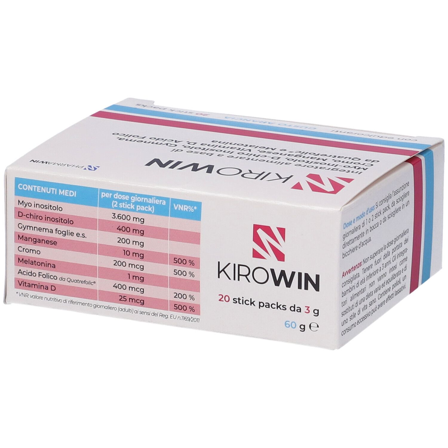 Confezione Kirowin 20 Stick Pack. Bianca, rosa e blu. Informazioni nutrizionali per porzione. 20 bustine, 60g.