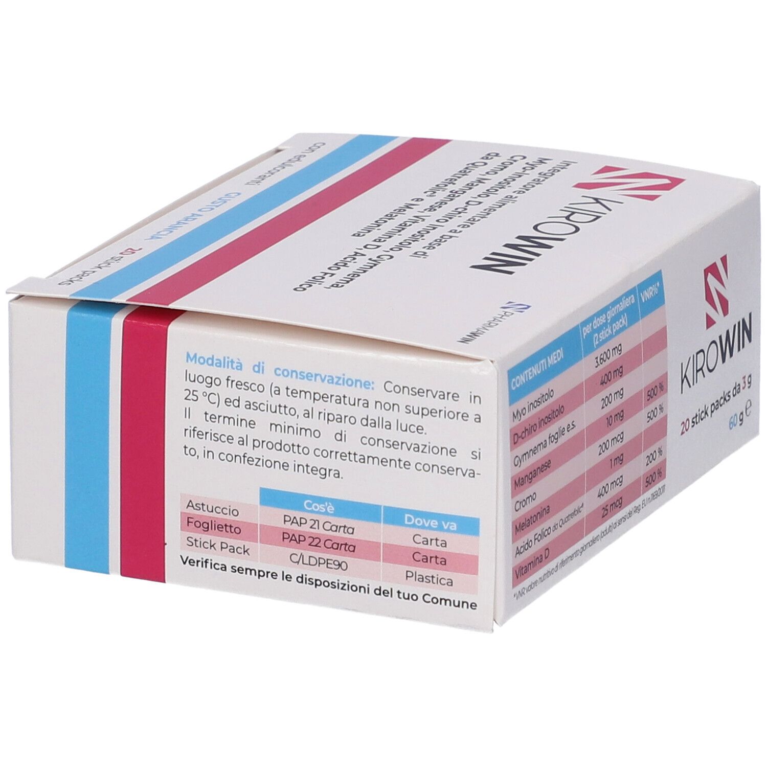 Confezione Kirowin 20 Stick Pack. Bianca, rosa e blu. Informazioni di conservazione. 20 bustine, 60g.