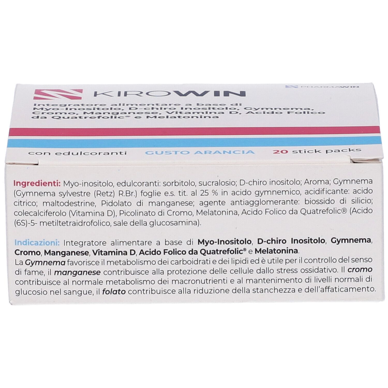 Confezione Kirowin 20 Stick Pack. Bianca, rosa e blu. Ingredienti e testo. 20 bustine.