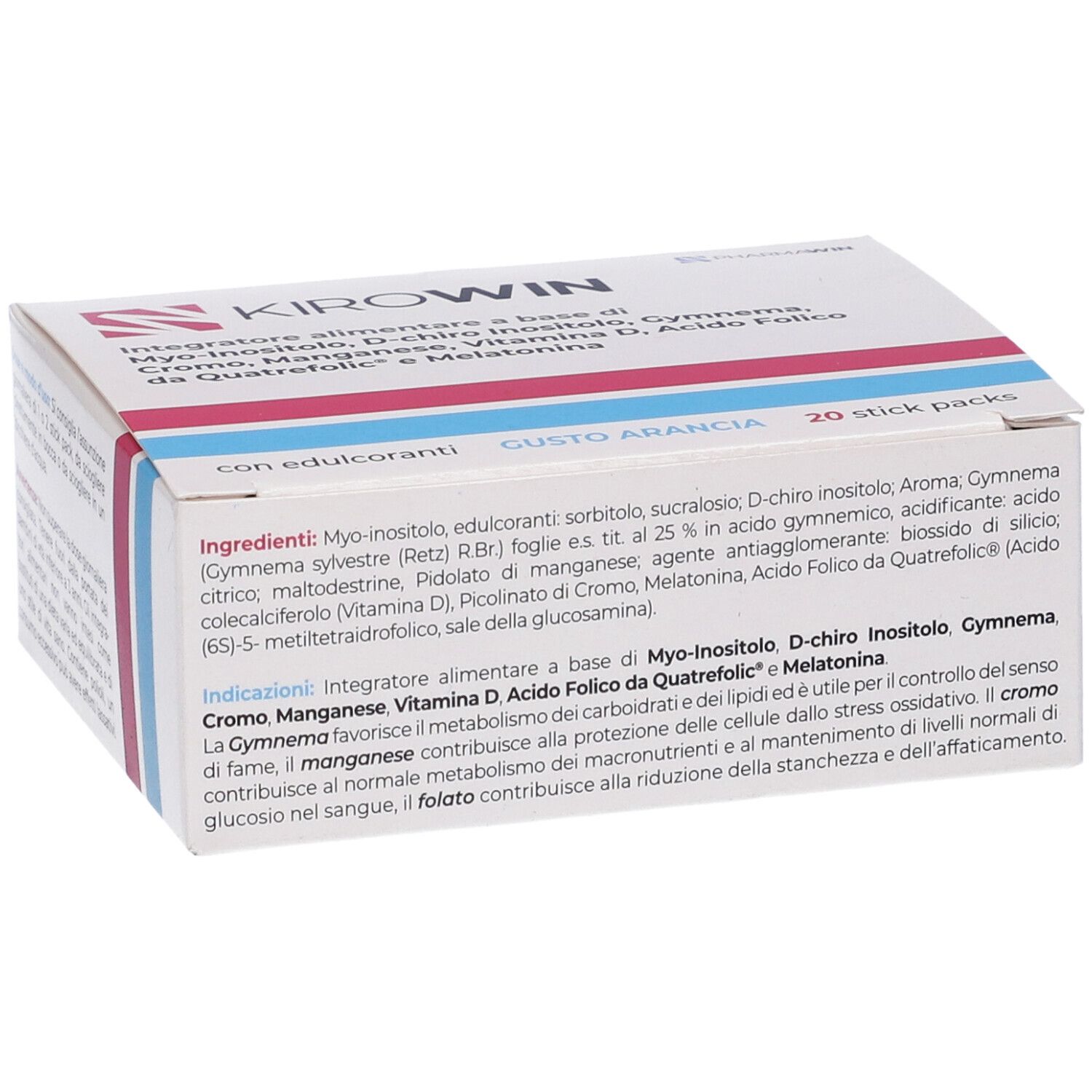 Confezione Kirowin 20 Stick Pack. Bianca, rosa e blu. Ingredienti e testo. 20 bustine.