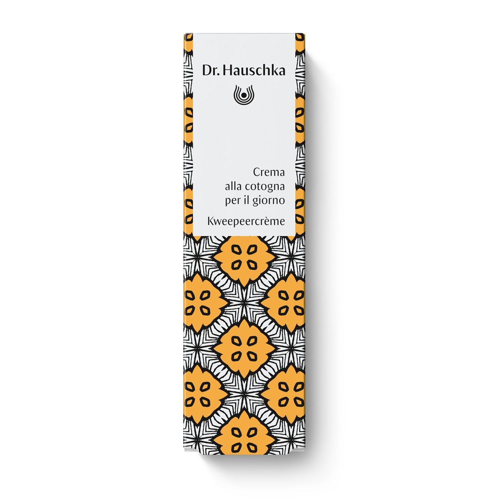 Scatola con motivo floreale. Scritta: Crema alla cotogna per il giorno, Kweepeercreme. Marchio: Dr. Hauschka.