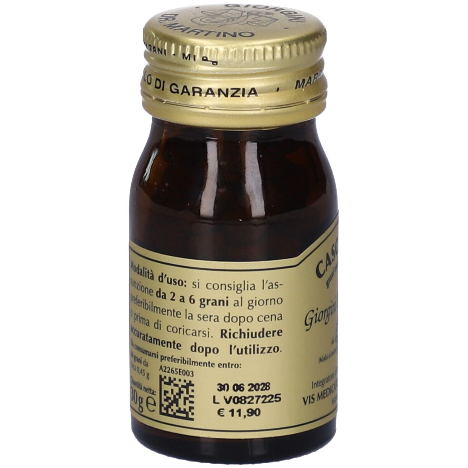 Flacone di vetro marrone con tappo dorato. Scritta: Cascarelli. Etichetta con informazioni e codice QR.