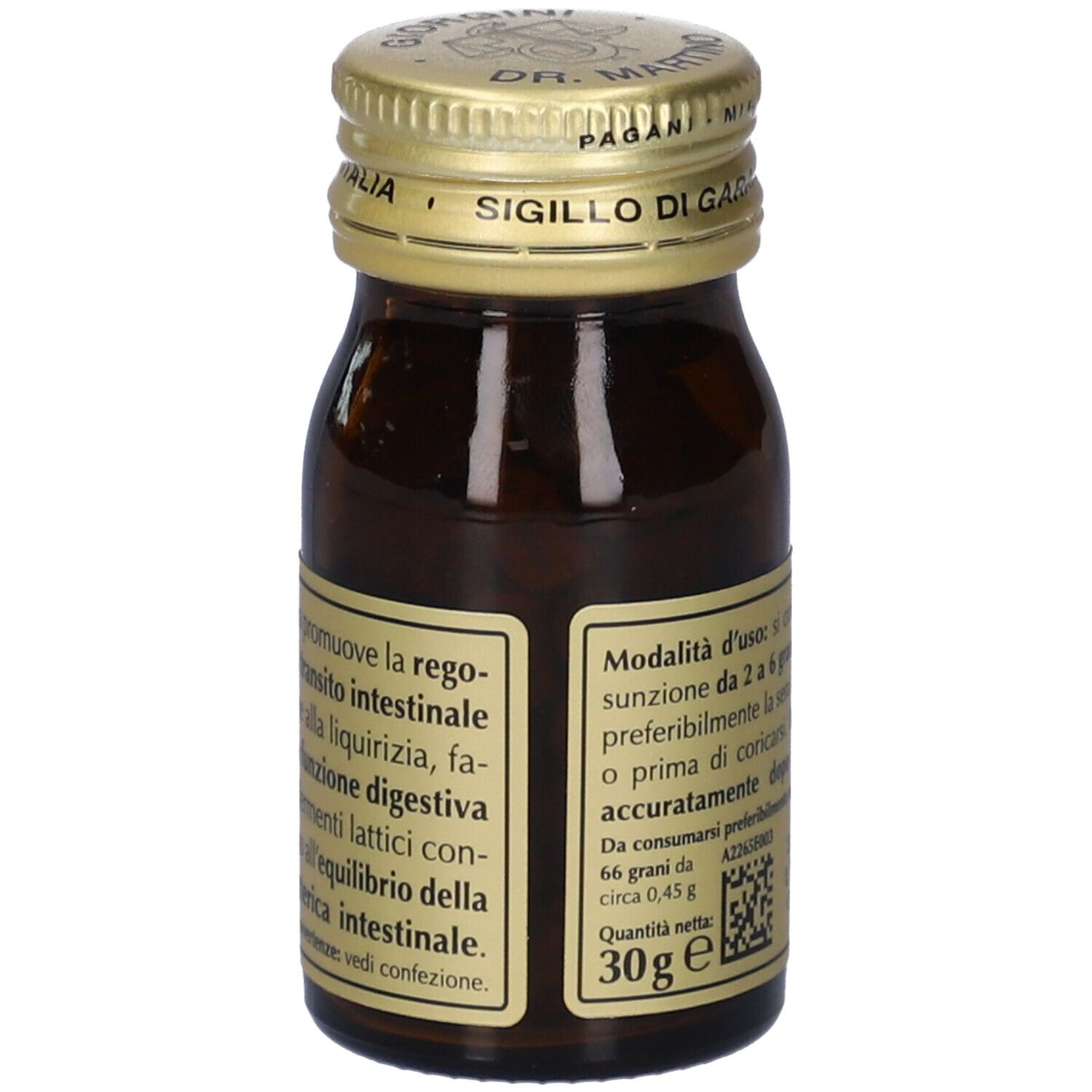 Flacone di vetro marrone con tappo dorato. Scritta: Cascarelli. Etichetta con testo sugli ingredienti.