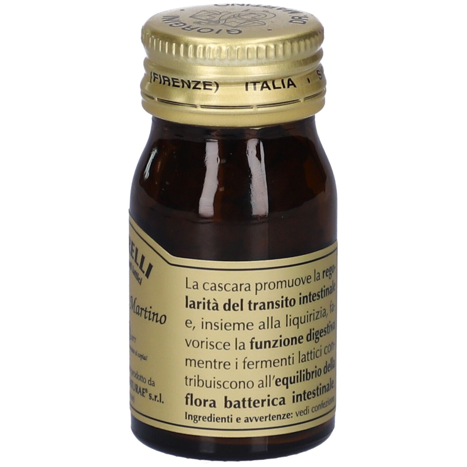 Flacone di vetro marrone con tappo dorato. Scritta: Cascarelli. Etichetta con testo sugli ingredienti.