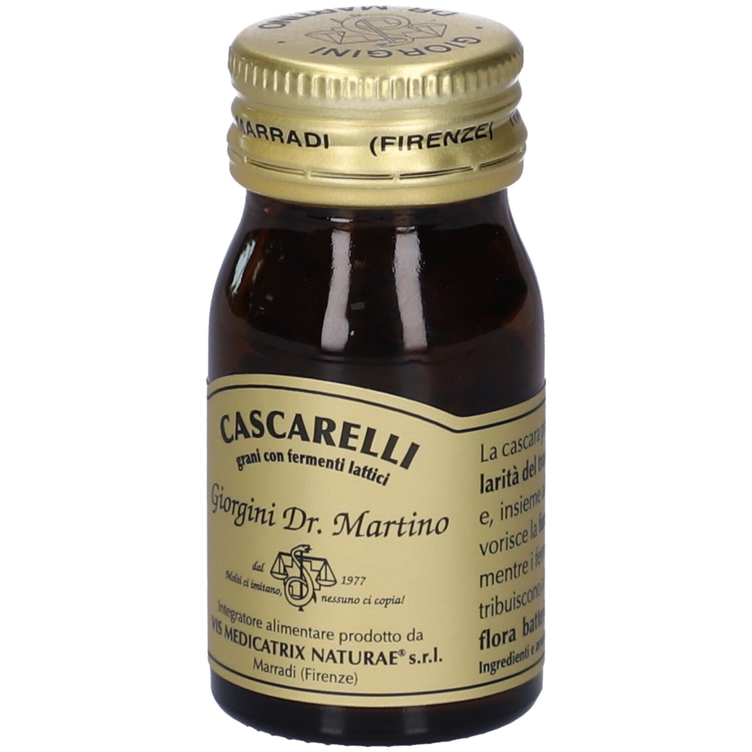 Flacone di vetro marrone con tappo dorato. Scritta: Cascarelli Grani con fermenti lattici, Giorgini Dr. Martino.